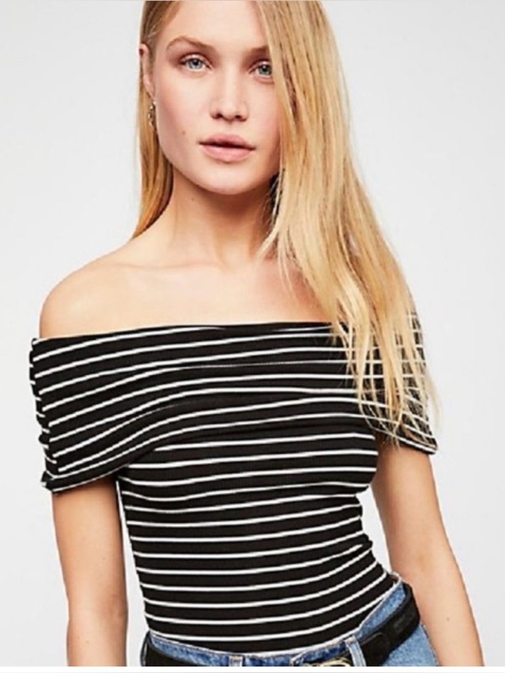 WE THE FREE Melbourne Off-the-Shoulder Black & White Striped Top Size Medium